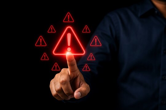 Finger pressing glowing red warning triangle icons on dark background