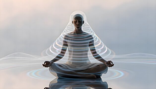 Meditating person with glowing breathing aura light rings, powerful visual concept for meditation app, biofeedback therapy, mental wellness, and stress reduction.