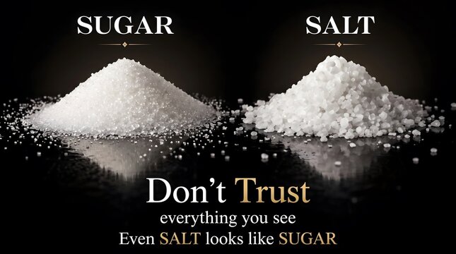 Piles of white sugar and coarse salt on black surface