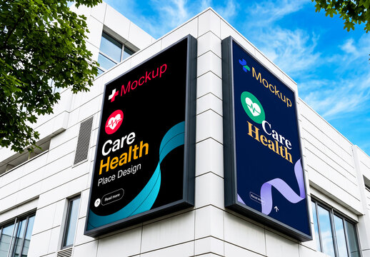 Two Vertical Billboards Mockup on Corner of Modern Building
