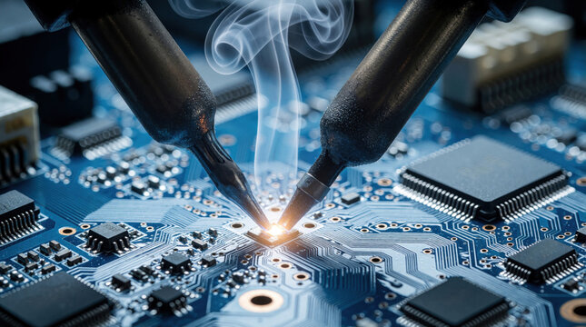 Two soldering irons join wires on blue circuit board. Smoke rises from hot metal tips melting solder for electronic assembly. Precision tech work done on PCB.