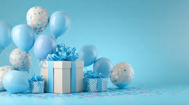Happy birthday celebration with blue gift box balloons and confetti