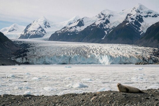 Seal rests on rocky shore near vast icy glacier face and snowy mountains under pale sky. Icebergs float in frigid glacial lake in arctic wilderness landscape.