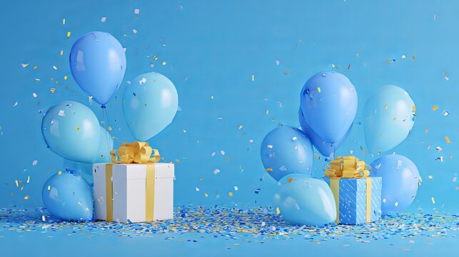 Happy birthday celebration with blue gift box balloons and confetti