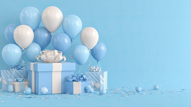 Happy birthday celebration with blue gift box balloons and confetti