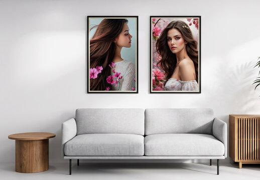 Two Vertical Poster Frames Mockup Above Sofa in Living Room