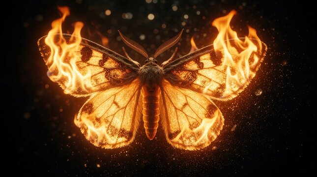 Dart moth glows with fiery wings, floating against sparkling sky at night. Insects bright flames contrast with dark background, illuminating delicate textures. Wings radiate golden heat, mystical
