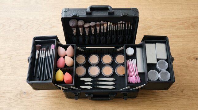 Professional makeup artist case open on a wooden table, fully stocked with cosmetic brushes, foundation palettes, beauty sponges, and accessories for beauty professionals