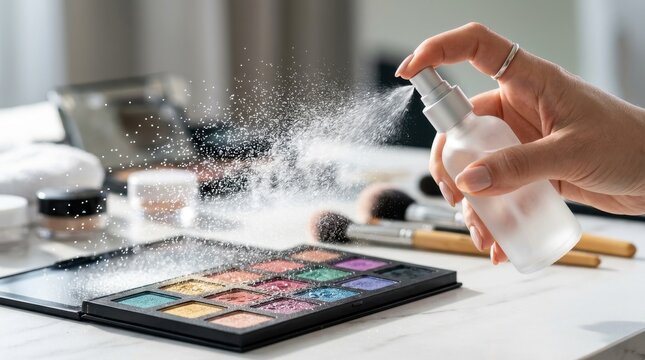 Woman spraying setting mist on colorful makeup eyeshadow palette on dressing table with cosmetic brushes