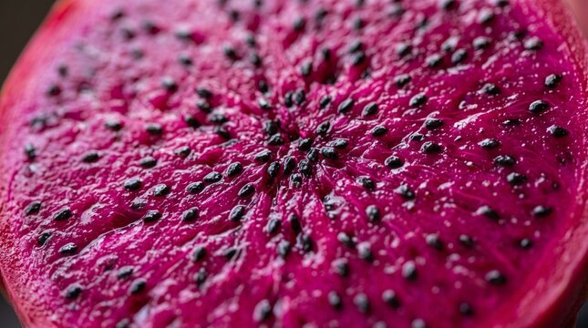 Macro texture of vibrant pink dragon fruit skin with tiny black seeds detail