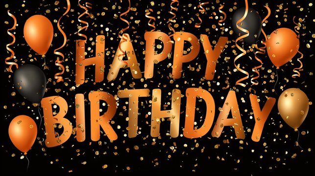 Happy birthday celebration with gold orange balloon and confetti