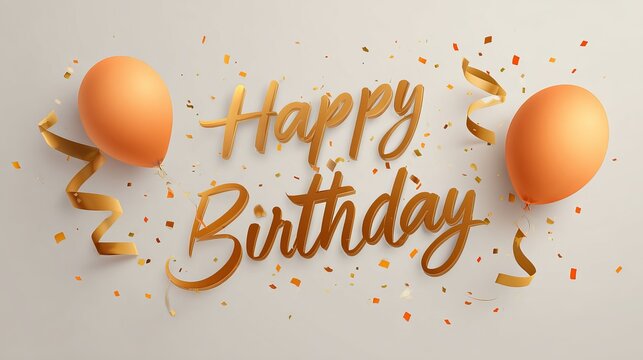 Happy birthday celebration with gold orange balloon and confetti