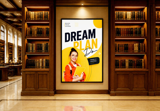 Vertical Poster Mockup on Wall in Classic Wooden Library Interior