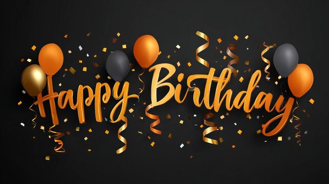 Happy birthday celebration with gold orange balloon and confetti