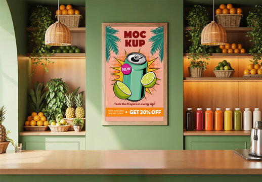 Vertical Poster Mockup on Wall in Modern Juice Bar Interior