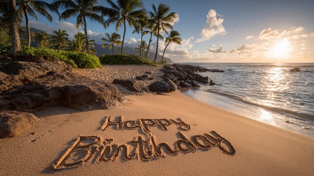 Happy birthday written in sand on tropical beach at sunset