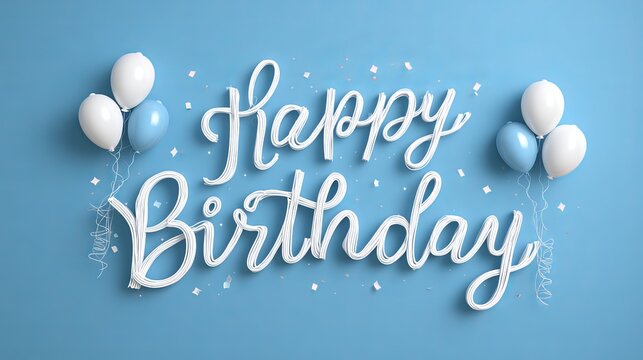 Happy birthday greeting in elegant white lettering on a blue background with festive balloons in the corner