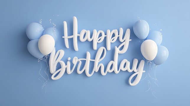 Happy birthday greeting in elegant white lettering on a blue background with festive balloons in the corner