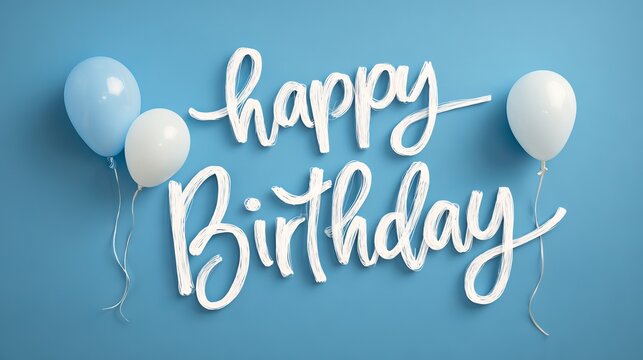 Happy birthday greeting in elegant white lettering on a blue background with festive balloons in the corner