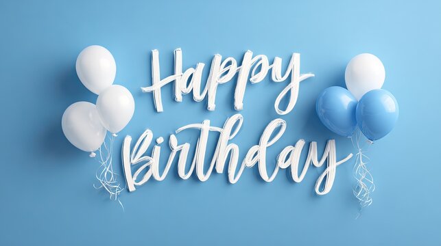 Happy birthday greeting in elegant white lettering on a blue background with festive balloons in the corner