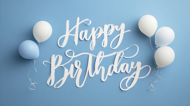 Happy birthday greeting in elegant white lettering on a blue background with festive balloons in the corner