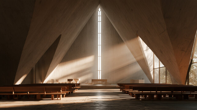 Chapel interior with a single beam of light across the stone floor