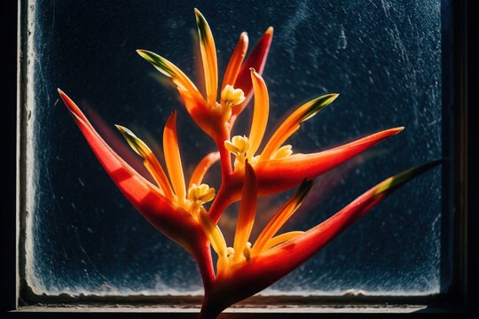 Bright orange and yellow parrot flower branch indoors against dark textured background. Exotic tropical plant bloom with red bracts and green tips, delicate yellow stamens are visible.