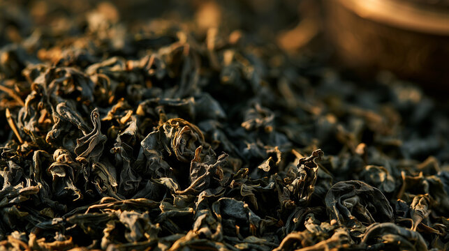 Dried loose tea leaves texture background curled dark green and bronze