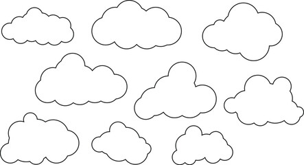 Obraz premium Set of simple black outline cloud vector illustrations isolated on a white background, perfect for weather icons, sky design elements, and cute cartoon nature graphics.