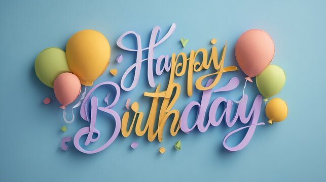 Colorful happy birthday background with balloons confetti and cake