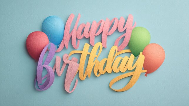 Colorful happy birthday background with balloons confetti and cake