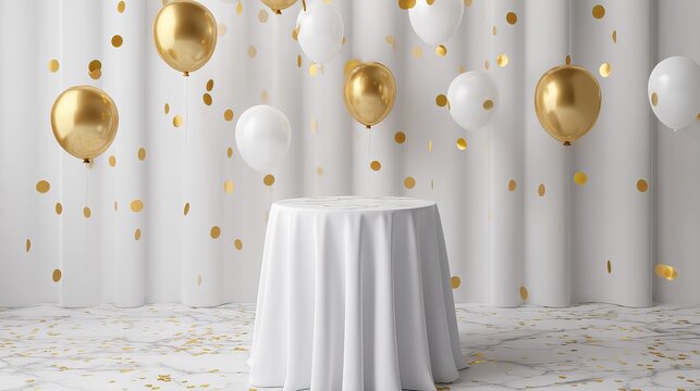 Elegant gold and white balloon celebration with golden confetti