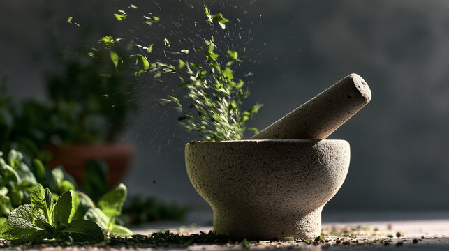 Fresh herbs crushed in a stone mortar and pestle