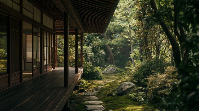 Japanese engawa veranda of dark wood facing a mossy garden