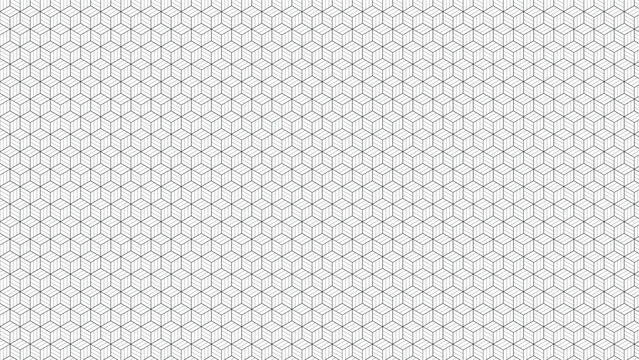 Seamless black and white geometric vector pattern featuring isometric cubes and hexagonal line art creating a minimal three dimensional optical illusion for modern wallpaper backgrounds.