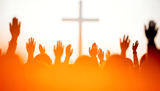 People raising hands in prayer during religious service near cross