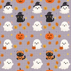 Fototapeta premium Cute Seamless pattern with adorable ghosts holding trick-or-treat buckets, black cats, jack-o'-lanterns, and fall leaves on a purple grid background. Ideal for autumn crafts, Halloween fabric.