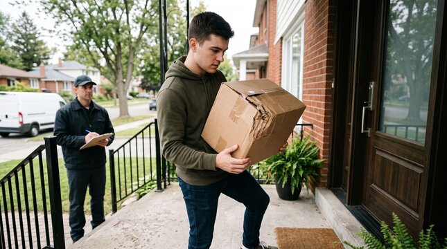 Delivery driver observes customer receiving damaged cardboard package at front door