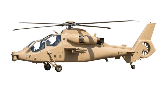 Desert Military Attack Helicopter, Modern Tactical Stealth Combat Gunship 3D Render Isolated on Transparent Background
