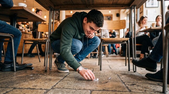 Young man picking up dropped wireless earbud from cafe floor with other patrons in background