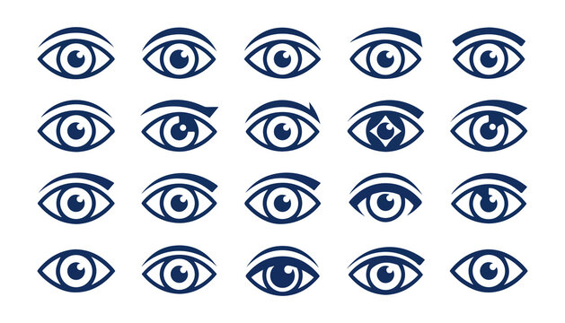 Eyes Set, Modern Minimalist Eye Icons Collection. Blue Line Art Design, Vector Illustration for Branding and Design