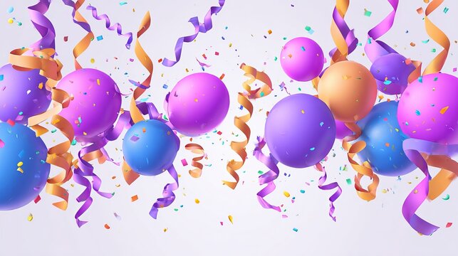Colorful vector party balloons with confetti and ribbons for celebration background