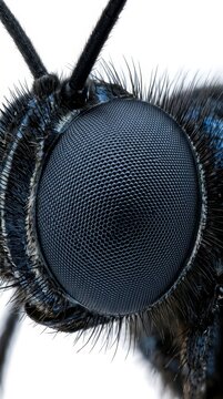Detailed macro view of an iridescent compound insect eye structure against clean white isolation