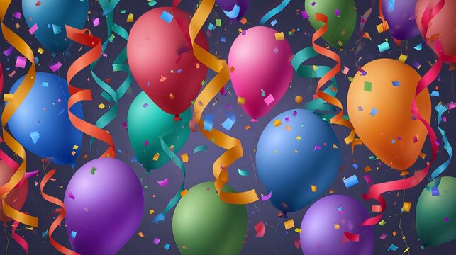 Colorful vector party balloons with confetti and ribbons for celebration background