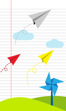 Paper planes flying above wind turbine on lined notebook background creative leadership concept vector illustration.