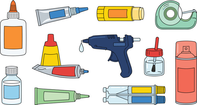 Adhesive and Glue Tool Collection Featuring Hot Glue Gun Adhesive Tubes Superglue Bottles Sticky Tape and Spray Bond for Office Stationery and Craft Vector Designs
