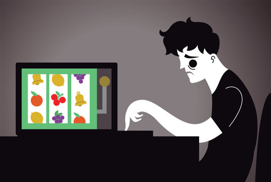 person addicted to gambling playing a slot machine on a computer
