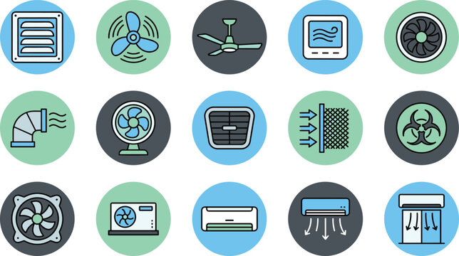 Air Ventilation and Conditioning System Flat Icon Set with Ceiling Fan Cooler Air Conditioner Vent Filter and Biohazard Symbols for Web Design