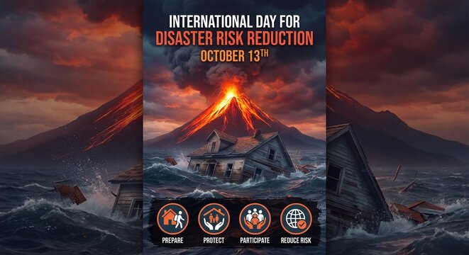Dramatic poster for disaster risk reduction day featuring erupting volcano and flooded house