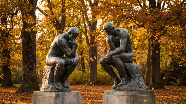 Two bronze thinker statues facing each other in a golden autumn park.